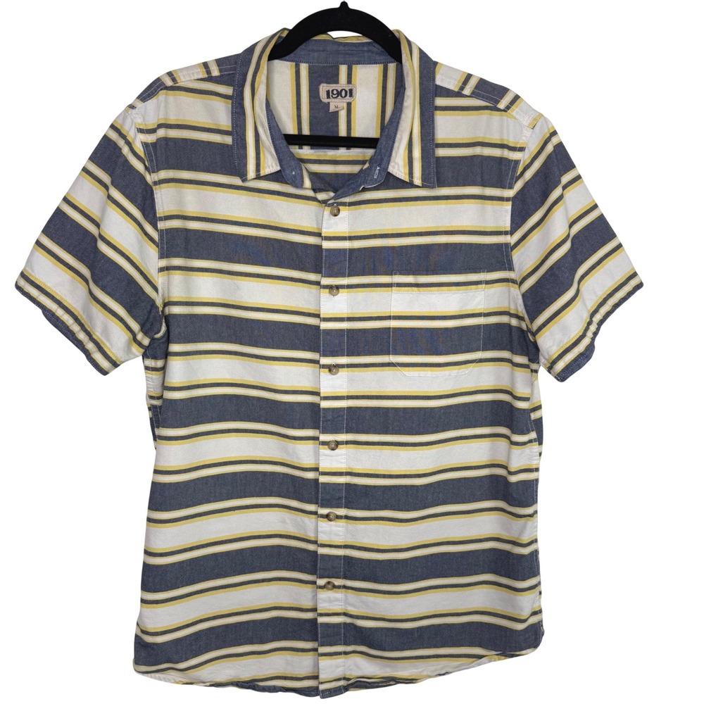 1901 Striped Short Sleeve Button Down Shirt XL 100% Cotton‎ Yellow Blue Coastal